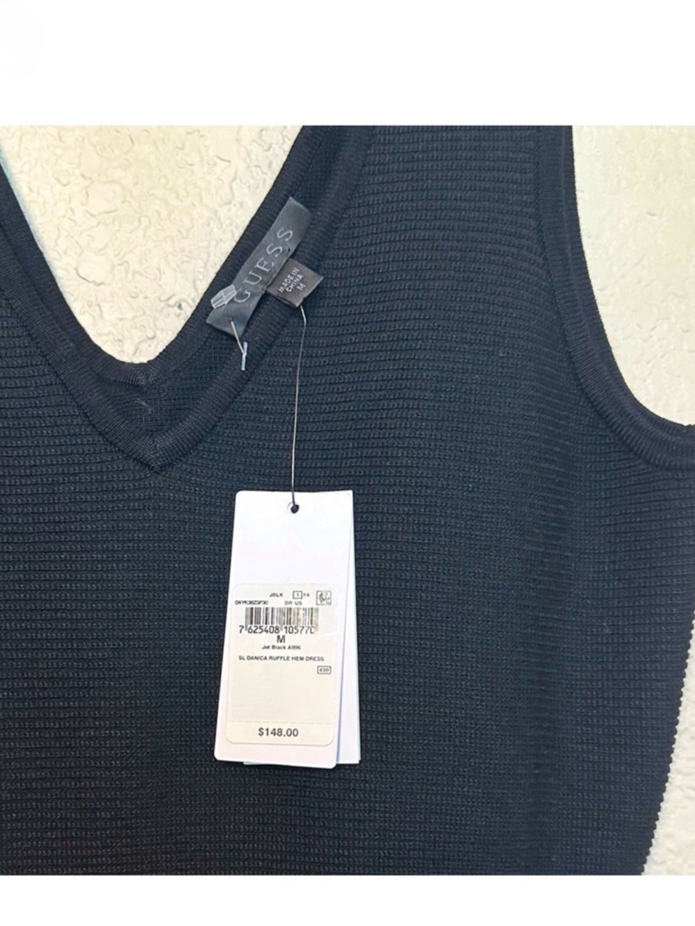 GUESS Black Knit V Neck Ruffle Hem Midi Dress Sleeveless NWT - Picture 6 of 6